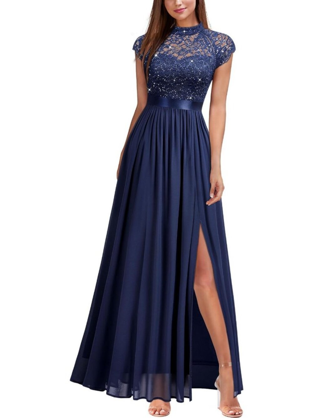Elegant Sequin Lace Chiffon Maxi Dress | Split Style Evening Party Gown